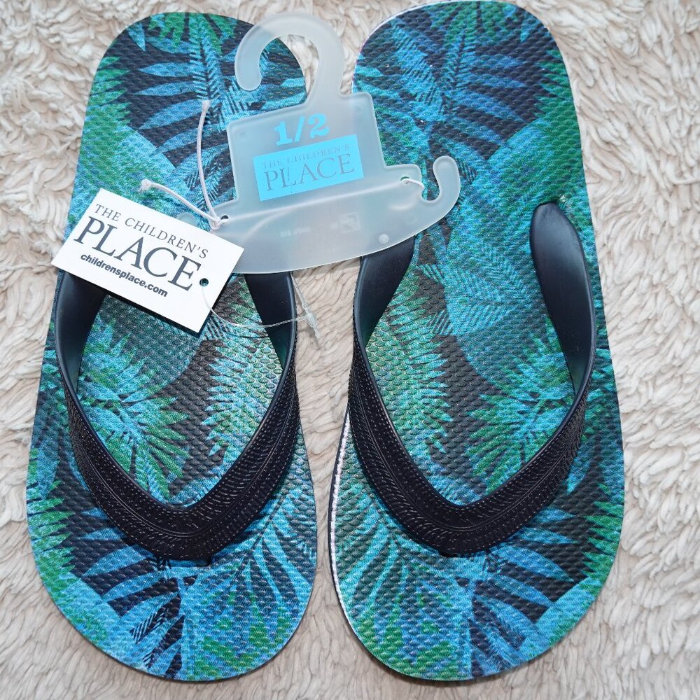 Kids Size 1-2 Palm Tree Tropical Flip Flop Sandals - Blue and Green - BRAND NEW